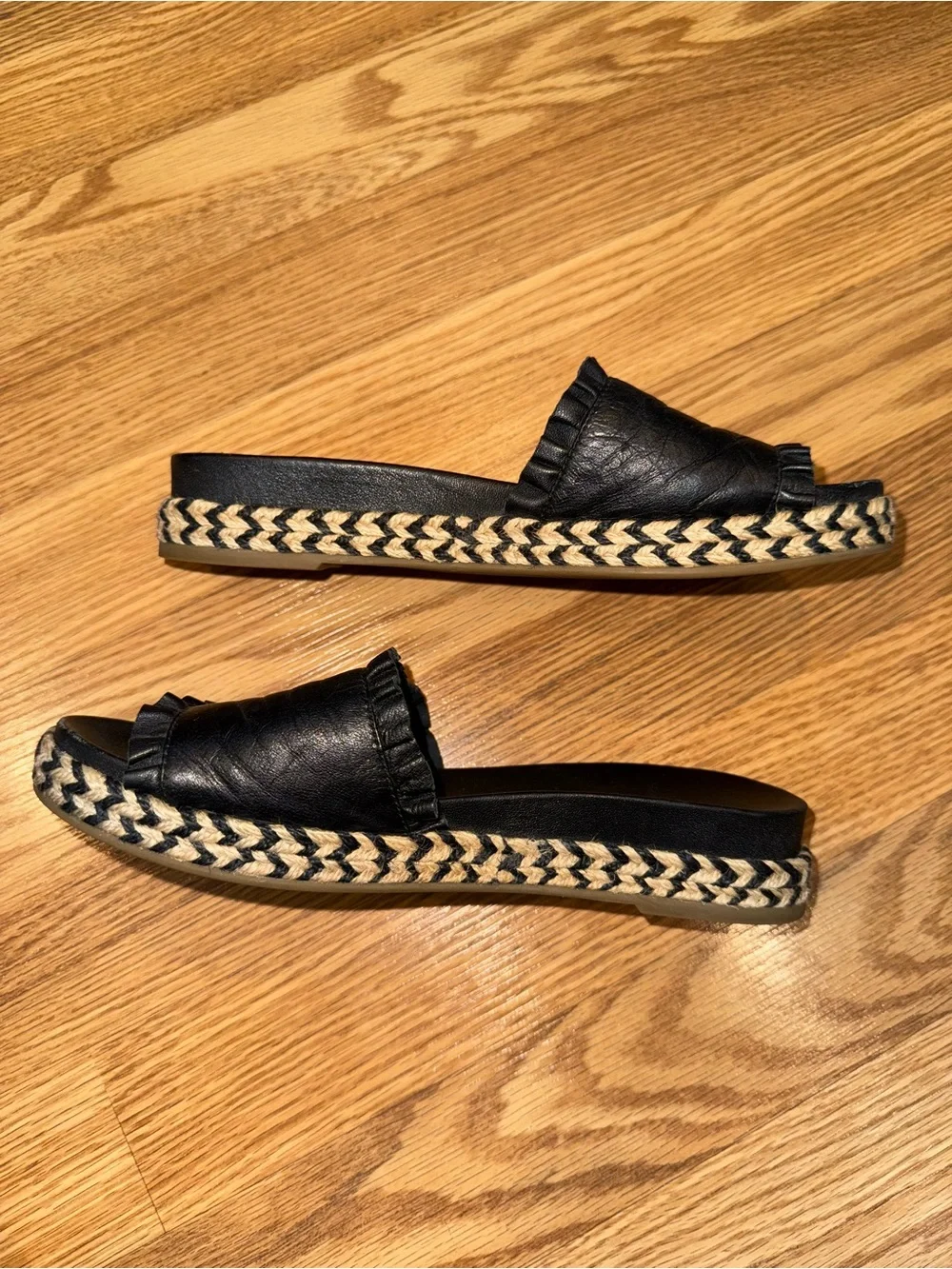 Kate Spade New York Zahara slide sandals black leather ruffle trim jute sole